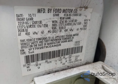 2012 Ford F-250 Lariat z USA, uszkodzony, nr VIN 1FT7W2BT9CEA54226